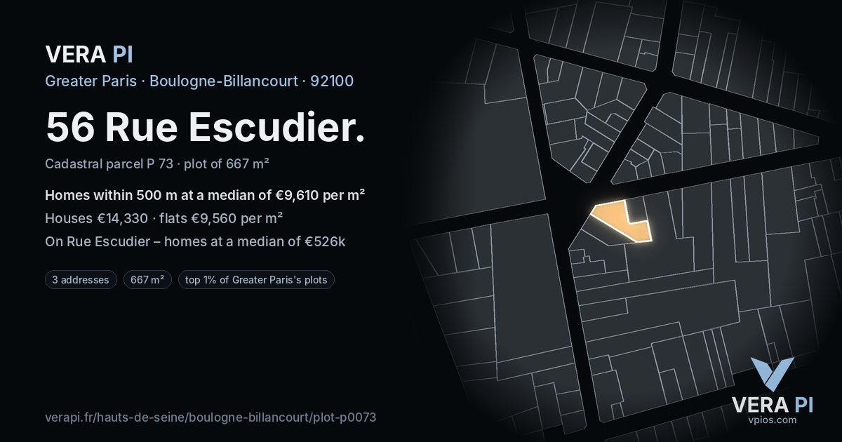 56 Rue Escudier, Boulogne-Billancourt at night – the plot lit, the parcels around coloured by the prices near them