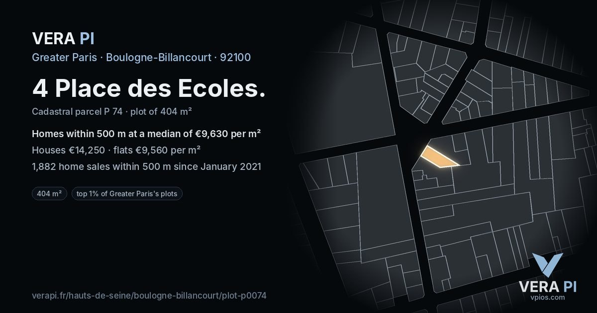 4 Place des Ecoles, Boulogne-Billancourt at night – the plot lit, the parcels around coloured by the prices near them