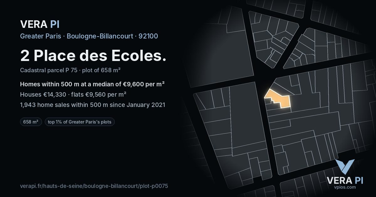 2 Place des Ecoles, Boulogne-Billancourt at night – the plot lit, the parcels around coloured by the prices near them