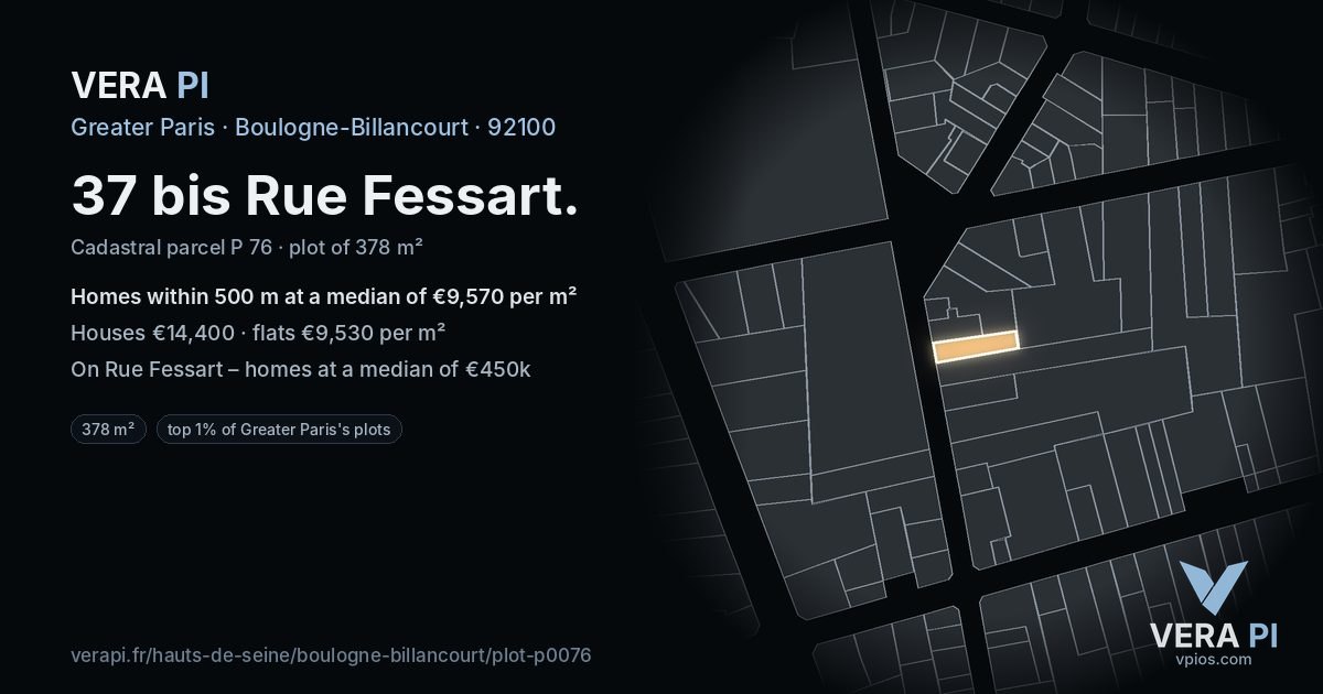 37 bis Rue Fessart, Boulogne-Billancourt at night – the plot lit, the parcels around coloured by the prices near them