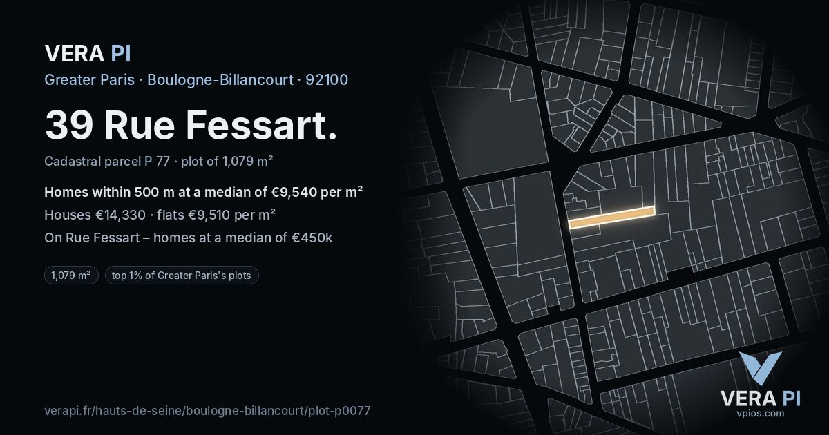 39 Rue Fessart, Boulogne-Billancourt at night – the plot lit, the parcels around coloured by the prices near them