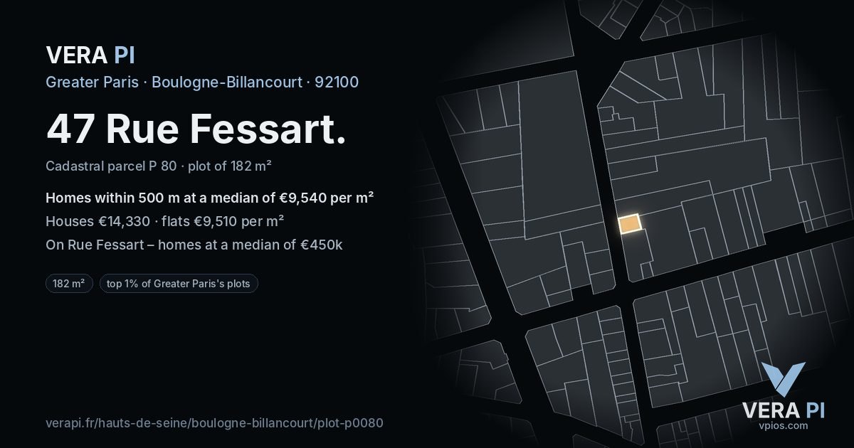 47 Rue Fessart, Boulogne-Billancourt at night – the plot lit, the parcels around coloured by the prices near them