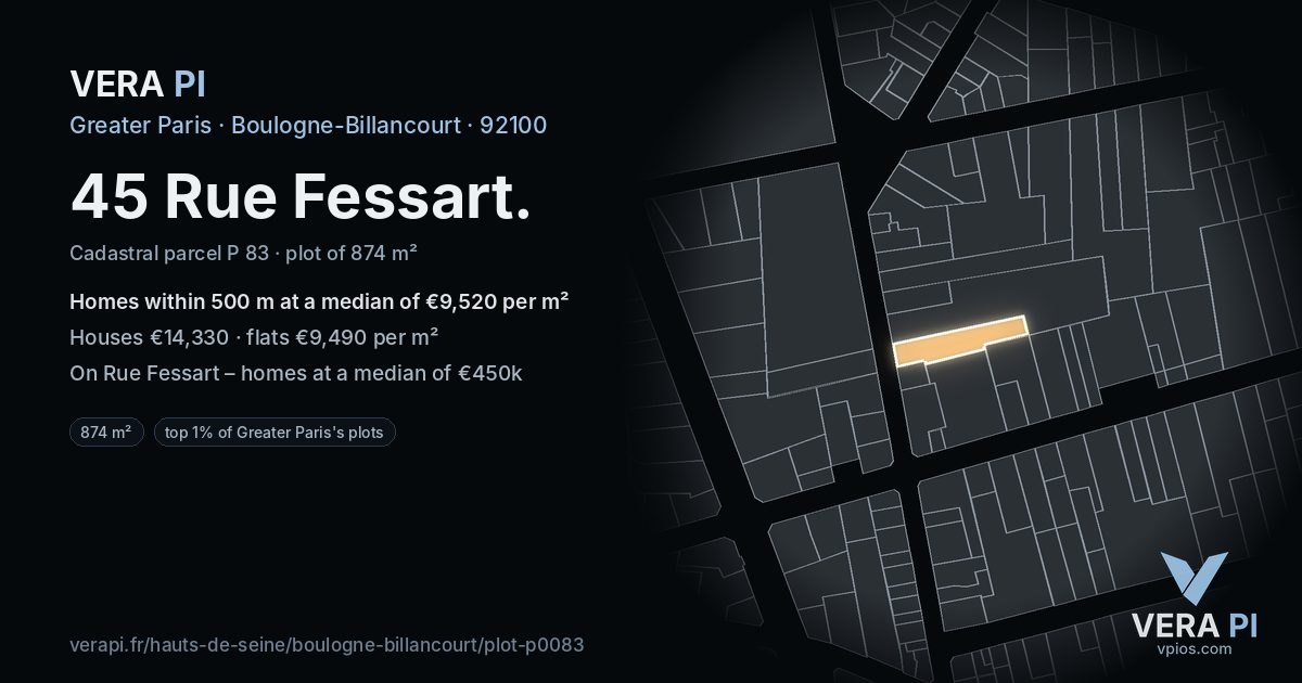 45 Rue Fessart, Boulogne-Billancourt at night – the plot lit, the parcels around coloured by the prices near them