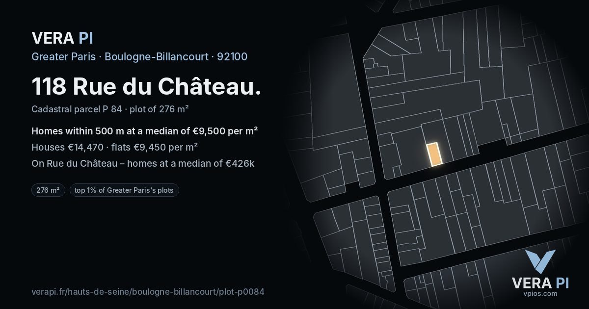118 Rue du Château, Boulogne-Billancourt at night – the plot lit, the parcels around coloured by the prices near them