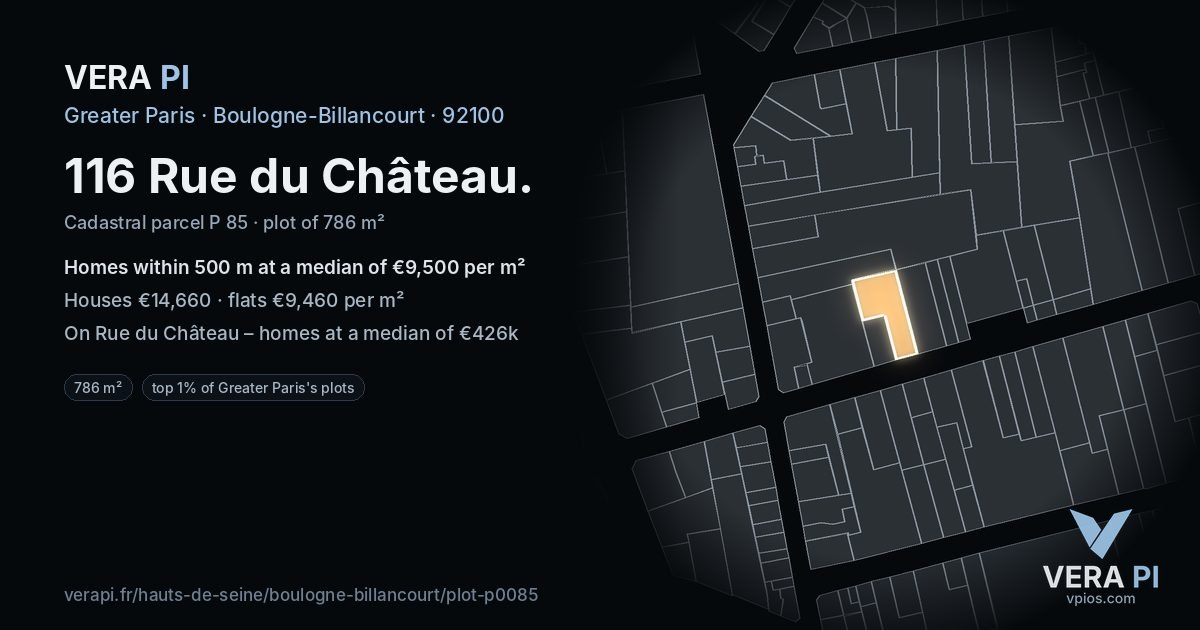 116 Rue du Château, Boulogne-Billancourt at night – the plot lit, the parcels around coloured by the prices near them