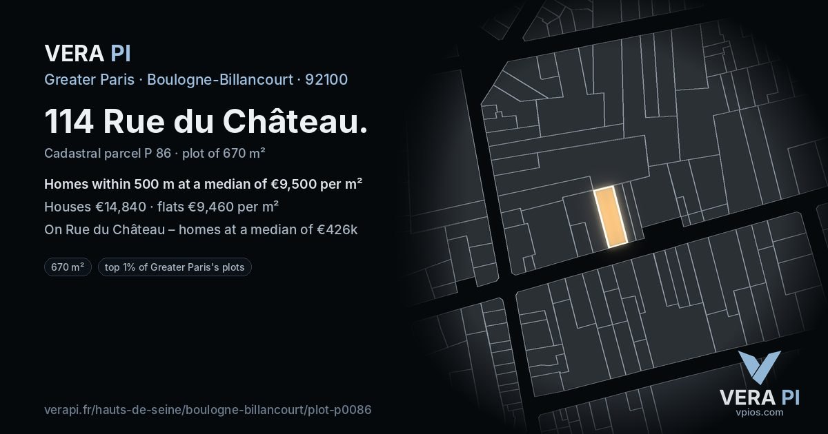 114 Rue du Château, Boulogne-Billancourt at night – the plot lit, the parcels around coloured by the prices near them