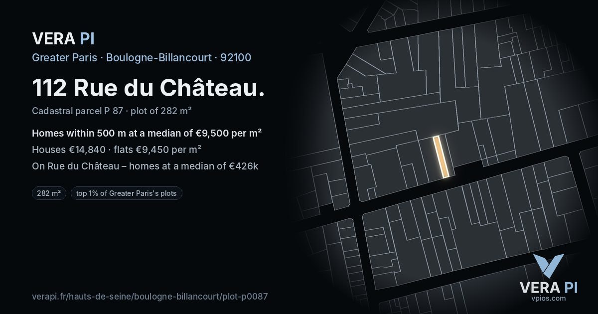 112 Rue du Château, Boulogne-Billancourt at night – the plot lit, the parcels around coloured by the prices near them