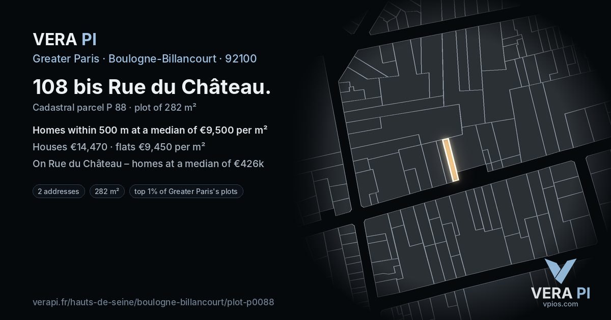 108 bis Rue du Château, Boulogne-Billancourt at night – the plot lit, the parcels around coloured by the prices near them
