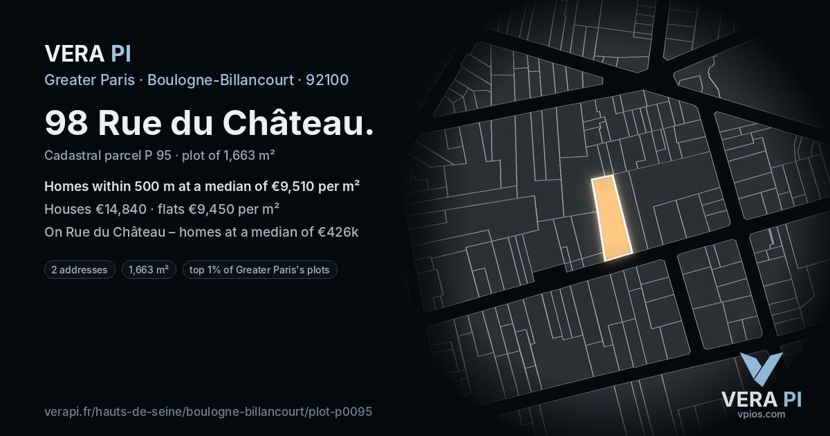98 Rue du Château, Boulogne-Billancourt at night – the plot lit, the parcels around coloured by the prices near them