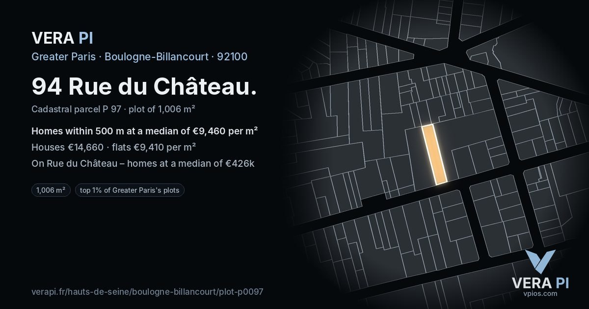 94 Rue du Château, Boulogne-Billancourt at night – the plot lit, the parcels around coloured by the prices near them