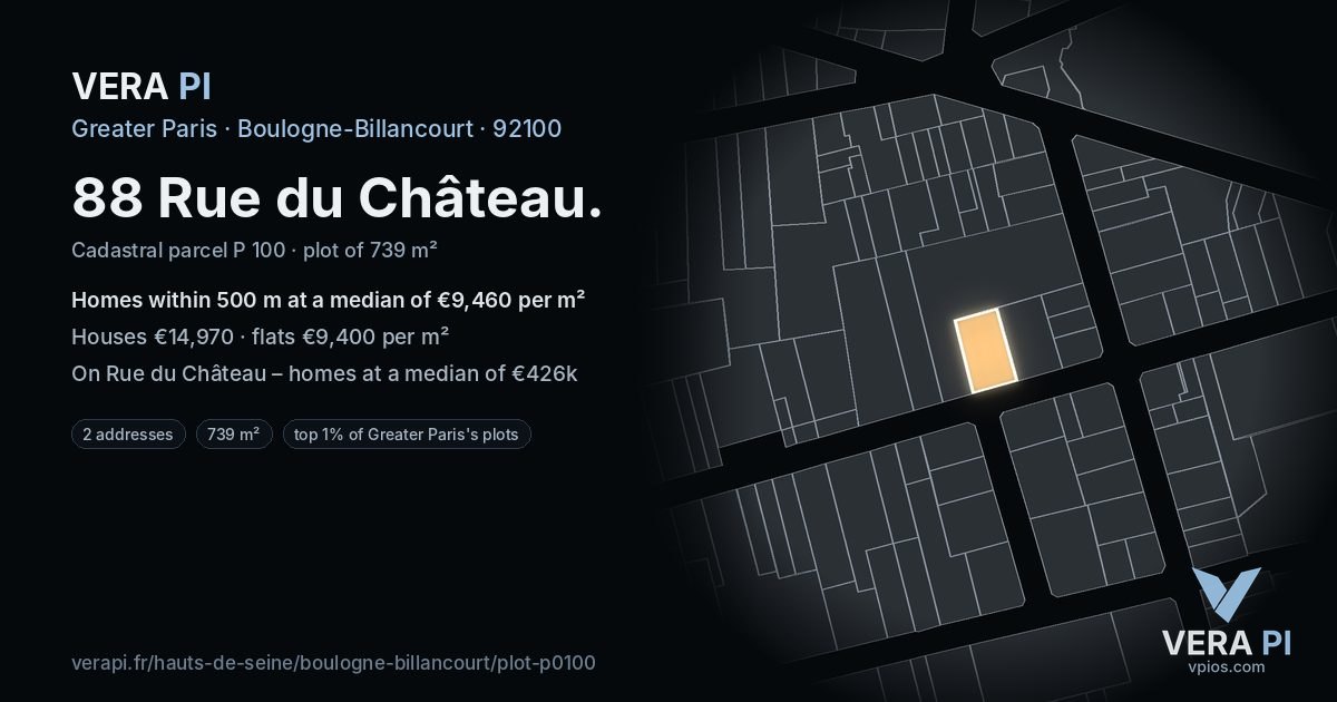 88 Rue du Château, Boulogne-Billancourt at night – the plot lit, the parcels around coloured by the prices near them