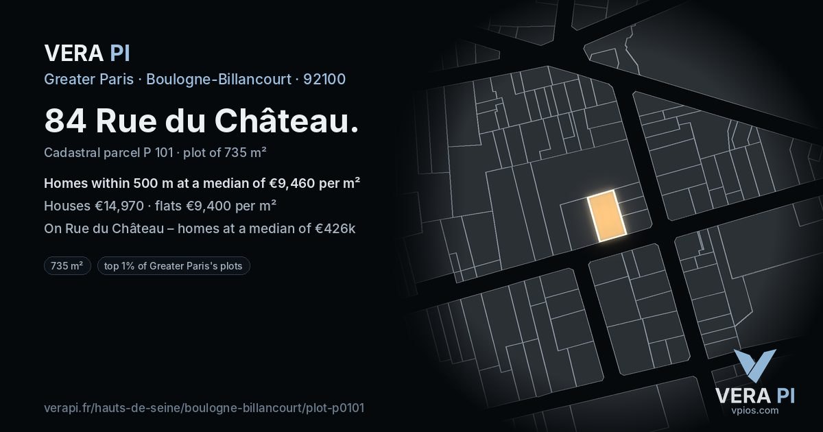 84 Rue du Château, Boulogne-Billancourt at night – the plot lit, the parcels around coloured by the prices near them