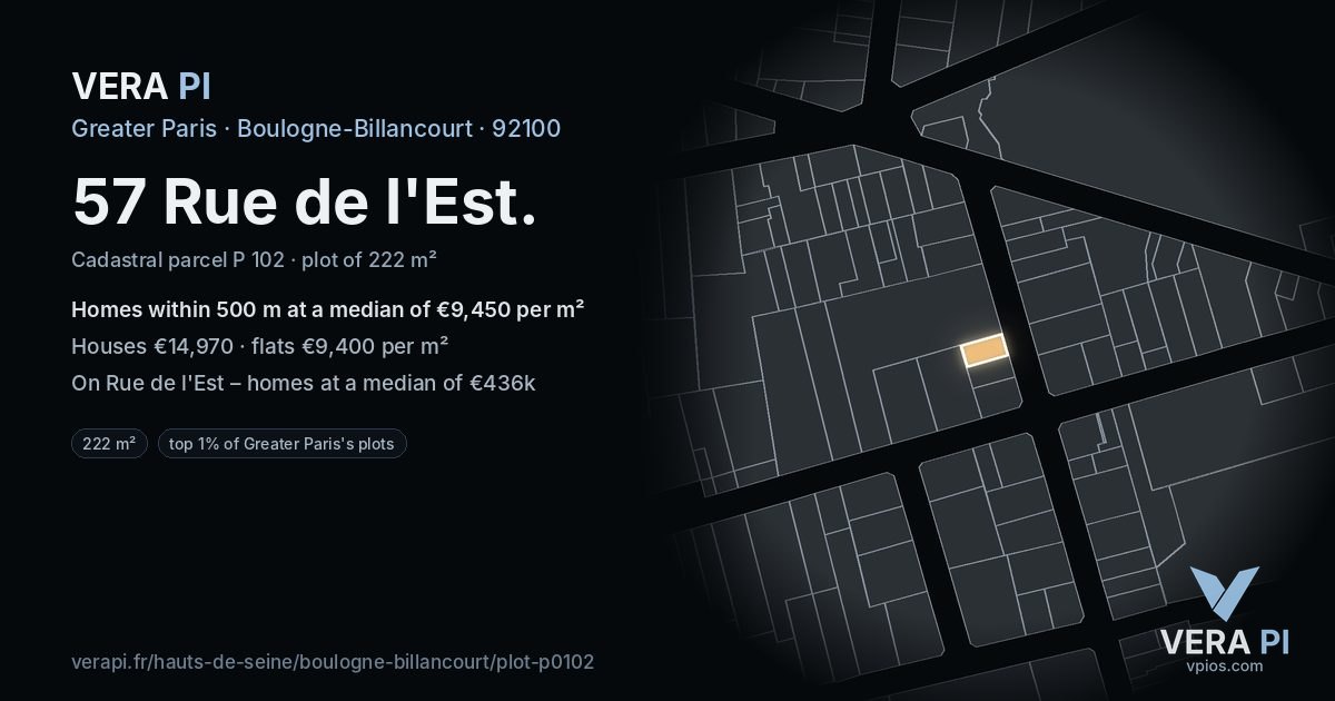 57 Rue de l'Est, Boulogne-Billancourt at night – the plot lit, the parcels around coloured by the prices near them