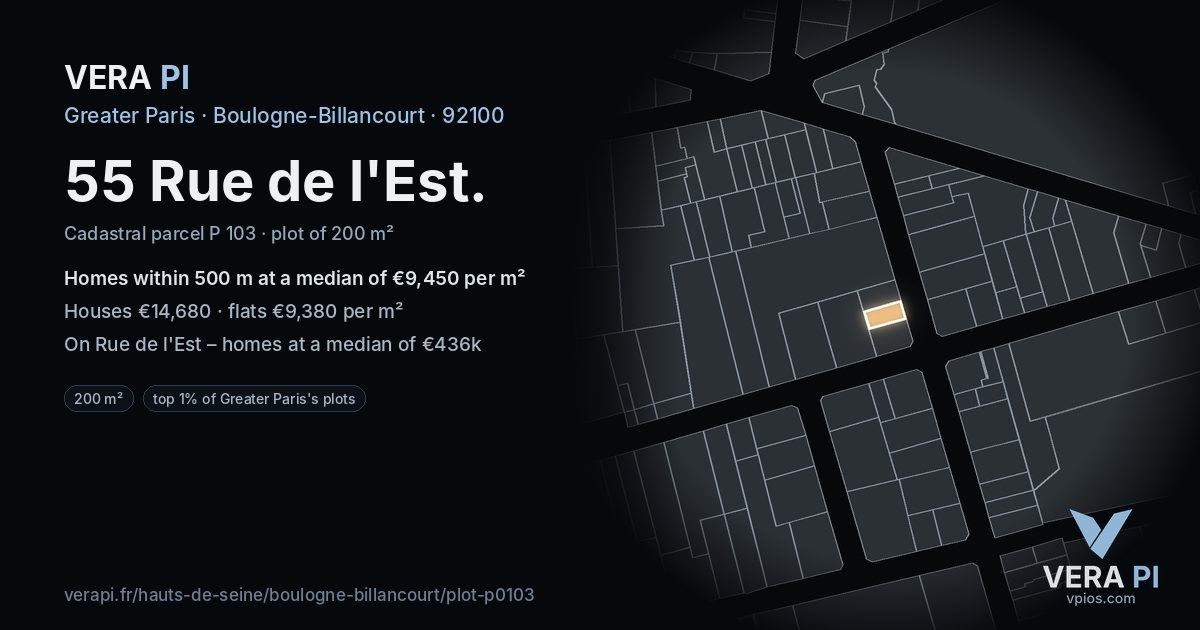55 Rue de l'Est, Boulogne-Billancourt at night – the plot lit, the parcels around coloured by the prices near them
