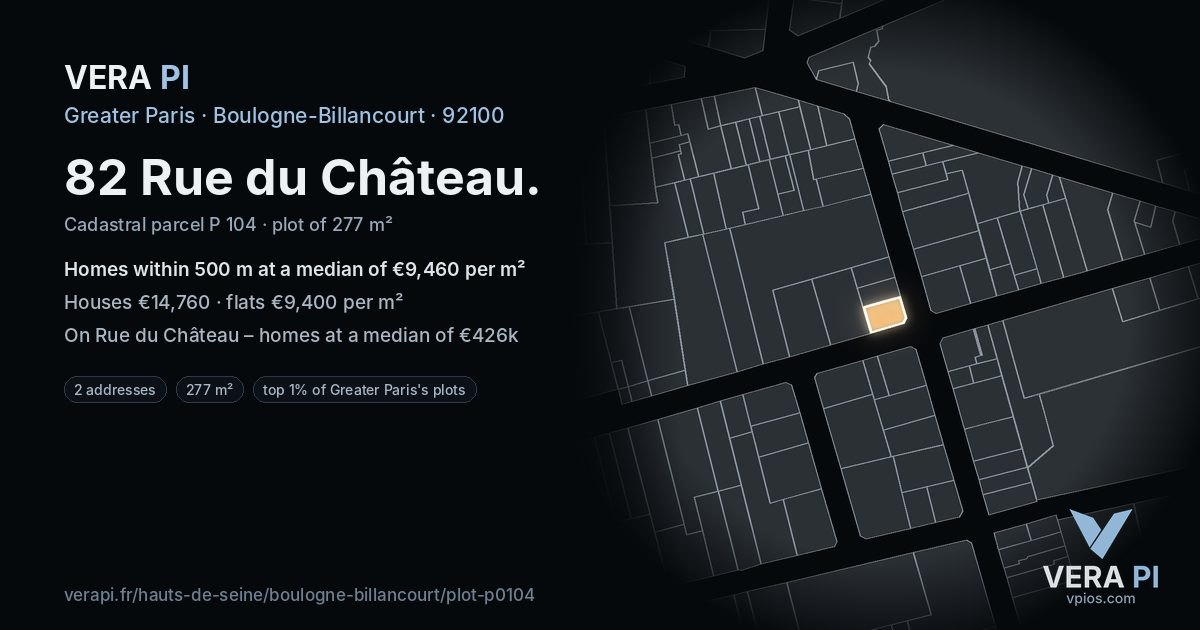 82 Rue du Château, Boulogne-Billancourt at night – the plot lit, the parcels around coloured by the prices near them