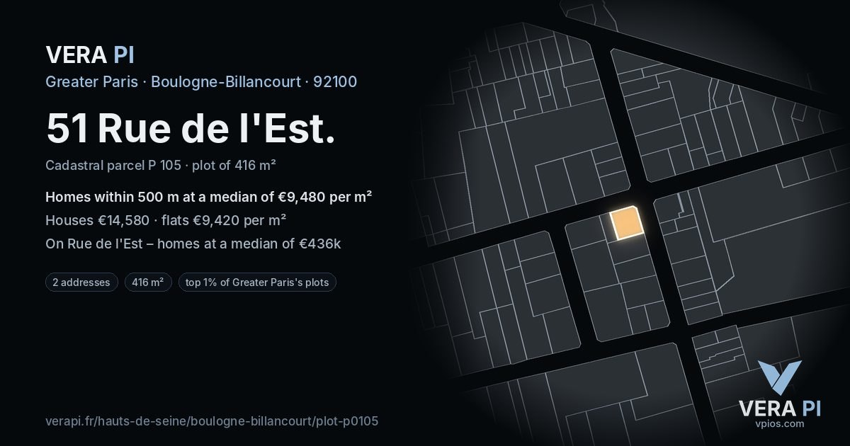 51 Rue de l'Est, Boulogne-Billancourt at night – the plot lit, the parcels around coloured by the prices near them