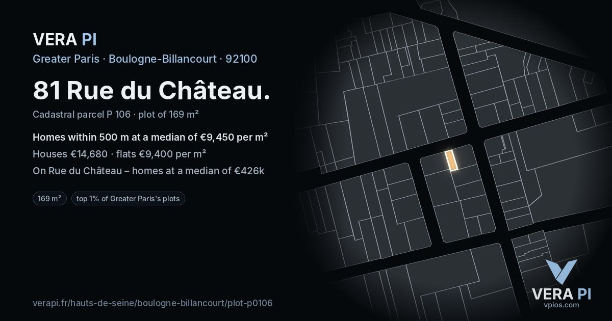 81 Rue du Château, Boulogne-Billancourt at night – the plot lit, the parcels around coloured by the prices near them