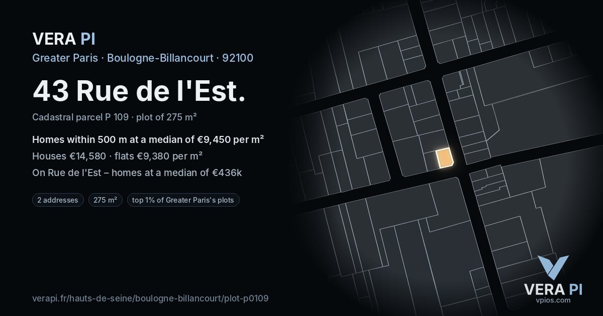 43 Rue de l'Est, Boulogne-Billancourt at night – the plot lit, the parcels around coloured by the prices near them