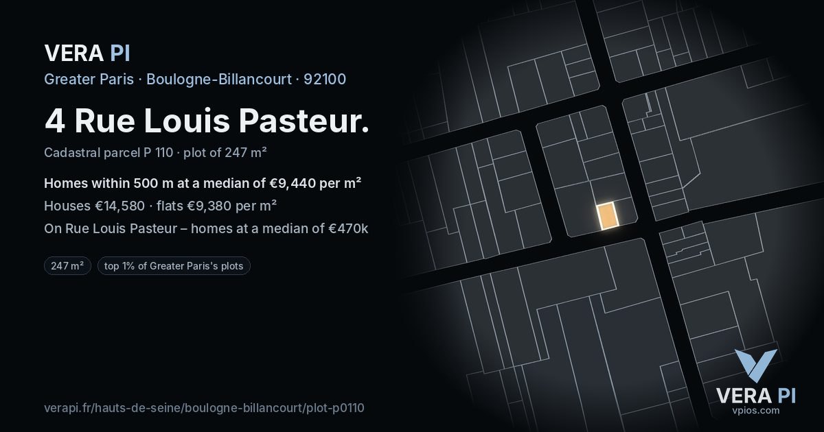 4 Rue Louis Pasteur, Boulogne-Billancourt at night – the plot lit, the parcels around coloured by the prices near them