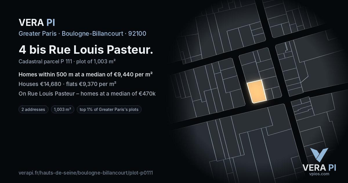 4 bis Rue Louis Pasteur, Boulogne-Billancourt at night – the plot lit, the parcels around coloured by the prices near them