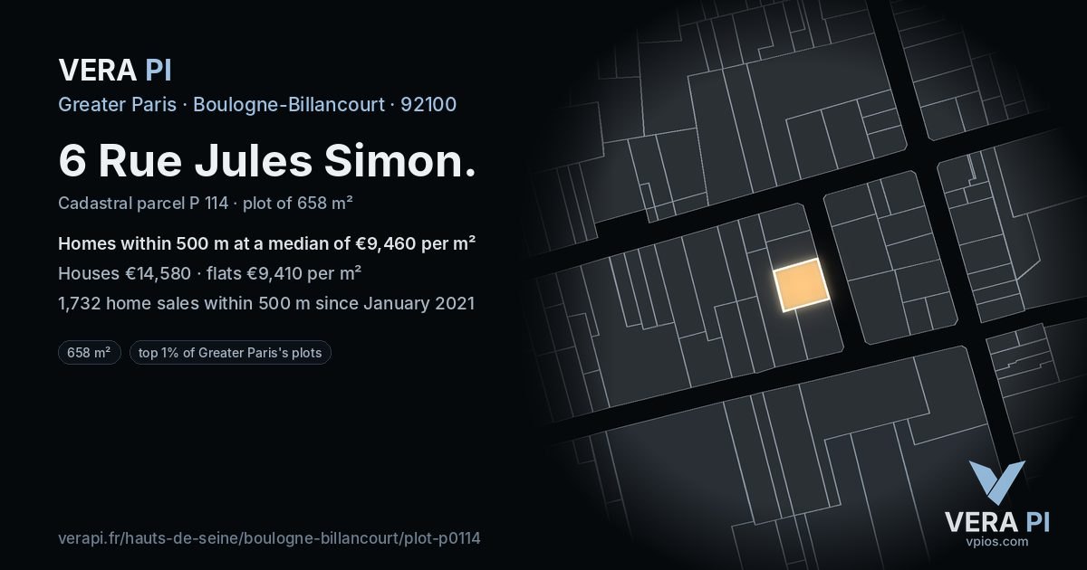 6 Rue Jules Simon, Boulogne-Billancourt at night – the plot lit, the parcels around coloured by the prices near them
