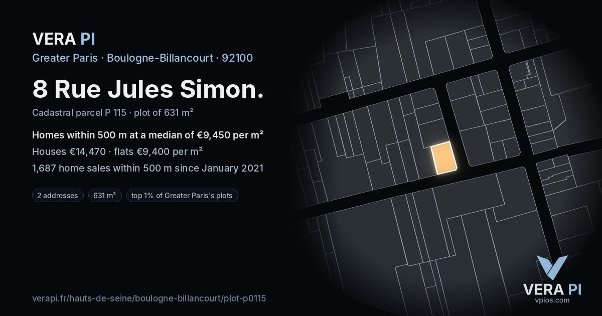 8 Rue Jules Simon, Boulogne-Billancourt at night – the plot lit, the parcels around coloured by the prices near them