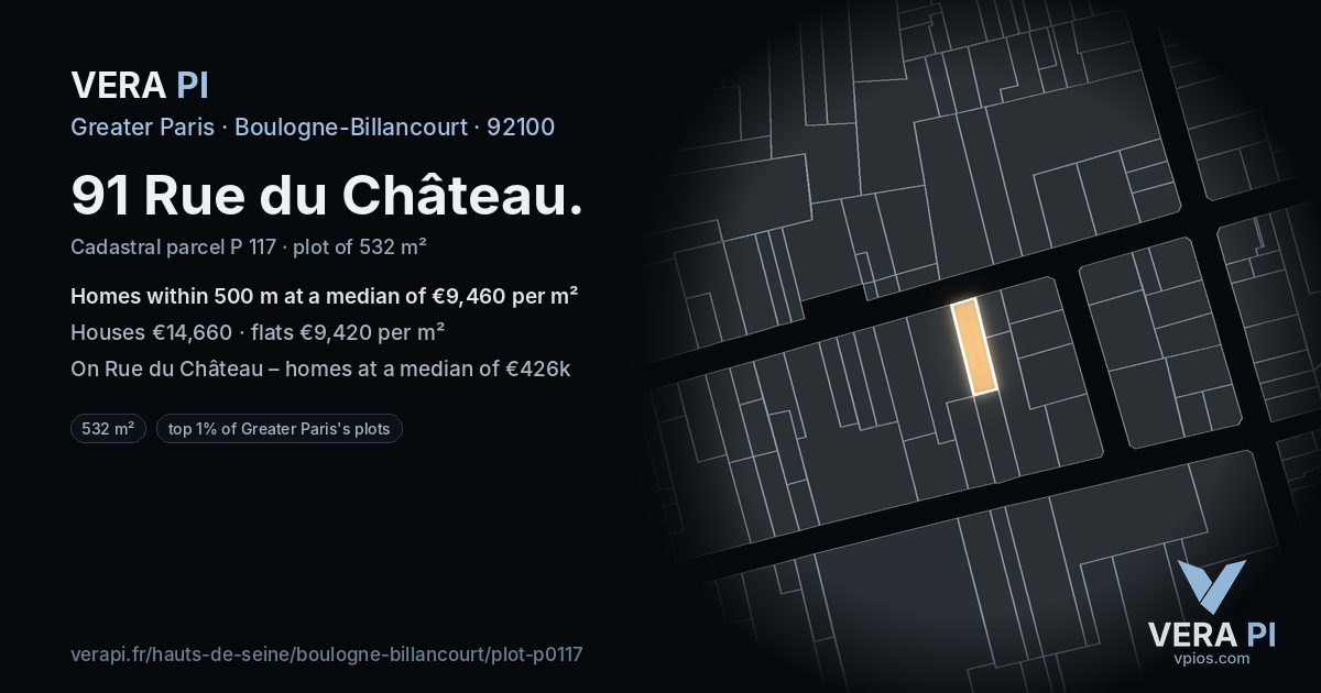 91 Rue du Château, Boulogne-Billancourt at night – the plot lit, the parcels around coloured by the prices near them