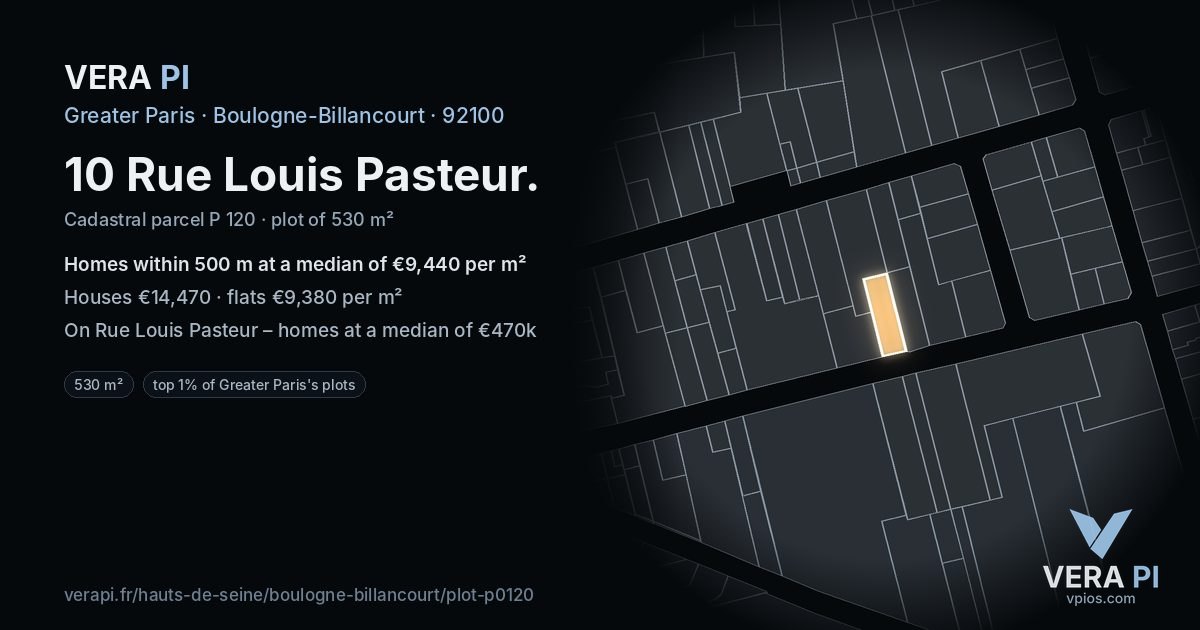 10 Rue Louis Pasteur, Boulogne-Billancourt at night – the plot lit, the parcels around coloured by the prices near them