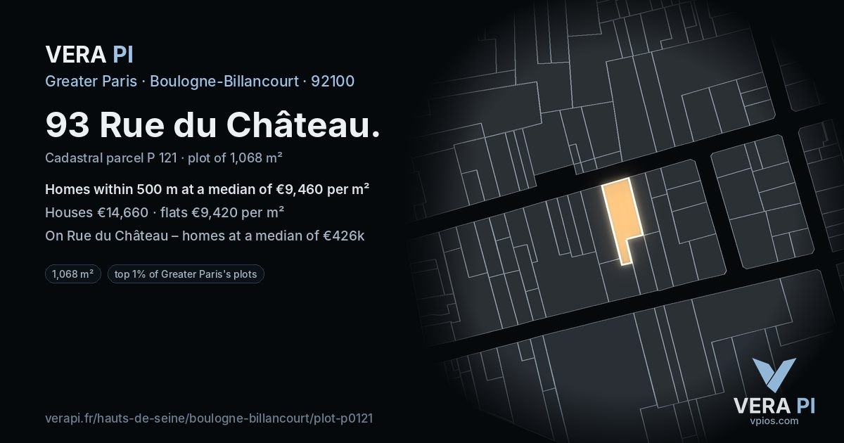 93 Rue du Château, Boulogne-Billancourt at night – the plot lit, the parcels around coloured by the prices near them