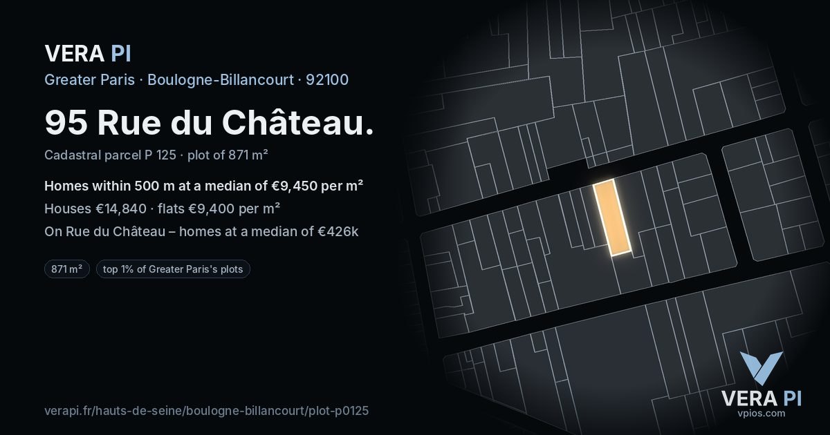 95 Rue du Château, Boulogne-Billancourt at night – the plot lit, the parcels around coloured by the prices near them