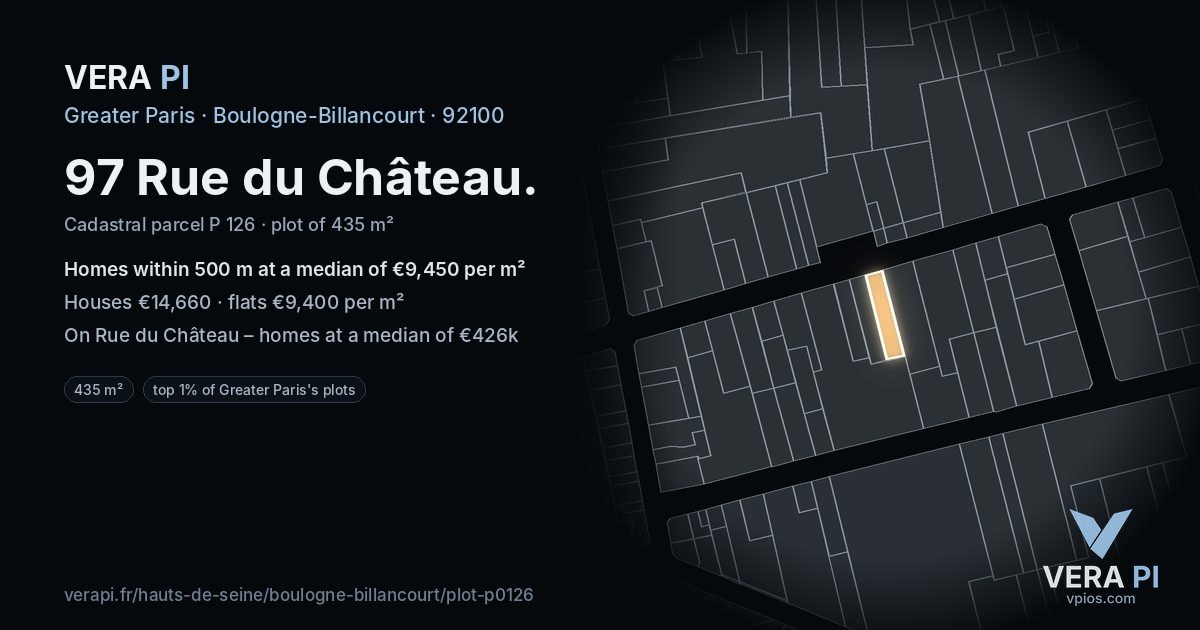 97 Rue du Château, Boulogne-Billancourt at night – the plot lit, the parcels around coloured by the prices near them