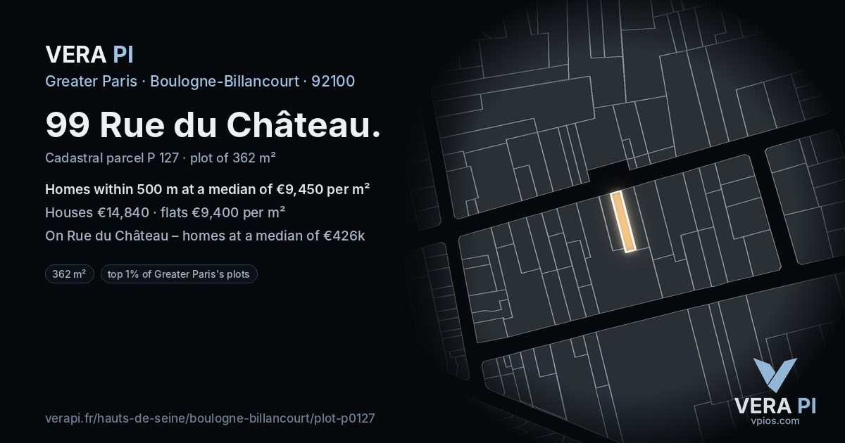 99 Rue du Château, Boulogne-Billancourt at night – the plot lit, the parcels around coloured by the prices near them