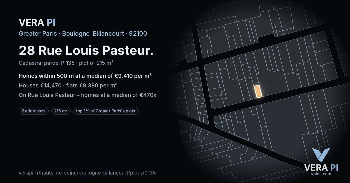 28 Rue Louis Pasteur, Boulogne-Billancourt at night – the plot lit, the parcels around coloured by the prices near them
