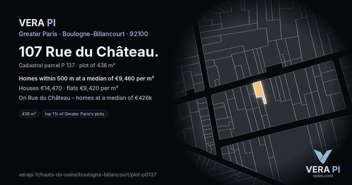 107 Rue du Château, Boulogne-Billancourt at night – the plot lit, the parcels around coloured by the prices near them