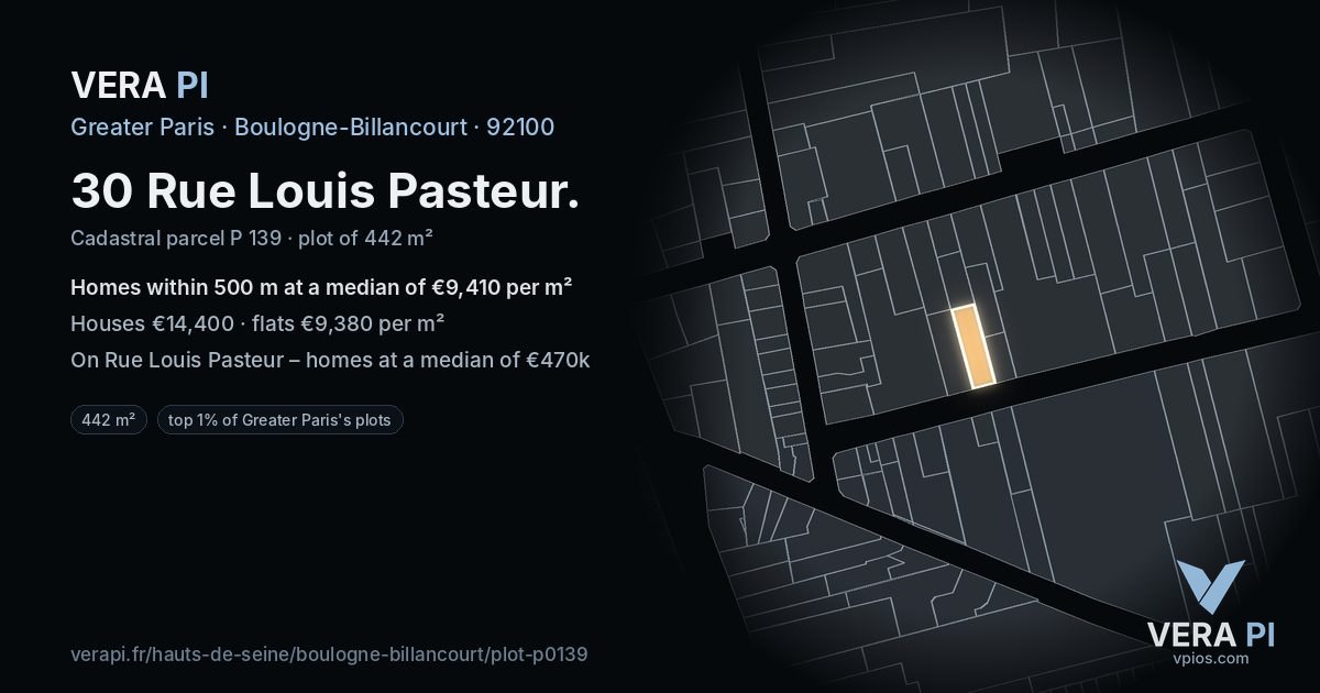 30 Rue Louis Pasteur, Boulogne-Billancourt at night – the plot lit, the parcels around coloured by the prices near them