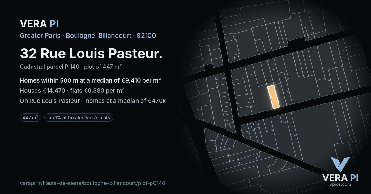 32 Rue Louis Pasteur, Boulogne-Billancourt at night – the plot lit, the parcels around coloured by the prices near them