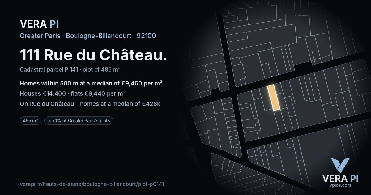 111 Rue du Château, Boulogne-Billancourt at night – the plot lit, the parcels around coloured by the prices near them