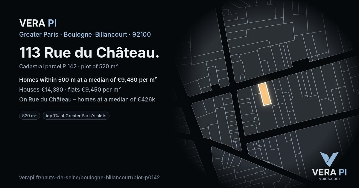 113 Rue du Château, Boulogne-Billancourt at night – the plot lit, the parcels around coloured by the prices near them