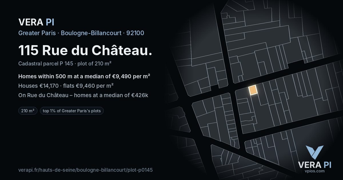 115 Rue du Château, Boulogne-Billancourt at night – the plot lit, the parcels around coloured by the prices near them