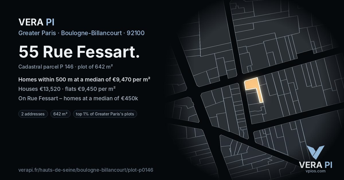 55 Rue Fessart, Boulogne-Billancourt at night – the plot lit, the parcels around coloured by the prices near them