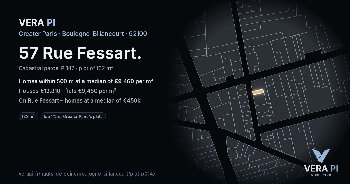 57 Rue Fessart, Boulogne-Billancourt at night – the plot lit, the parcels around coloured by the prices near them
