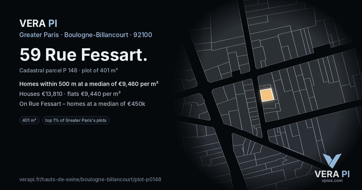 59 Rue Fessart, Boulogne-Billancourt at night – the plot lit, the parcels around coloured by the prices near them