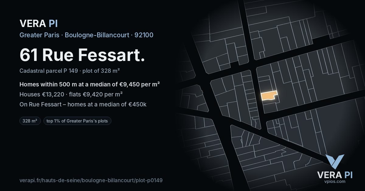61 Rue Fessart, Boulogne-Billancourt at night – the plot lit, the parcels around coloured by the prices near them