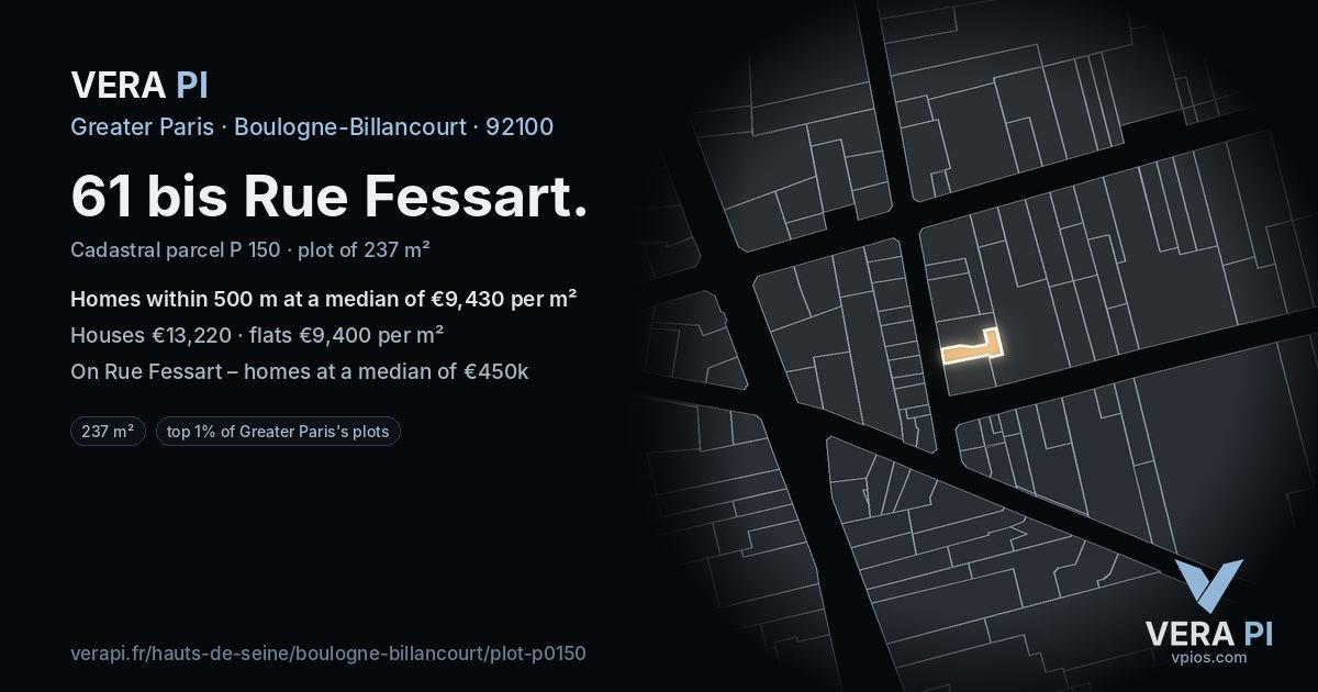 61 bis Rue Fessart, Boulogne-Billancourt at night – the plot lit, the parcels around coloured by the prices near them