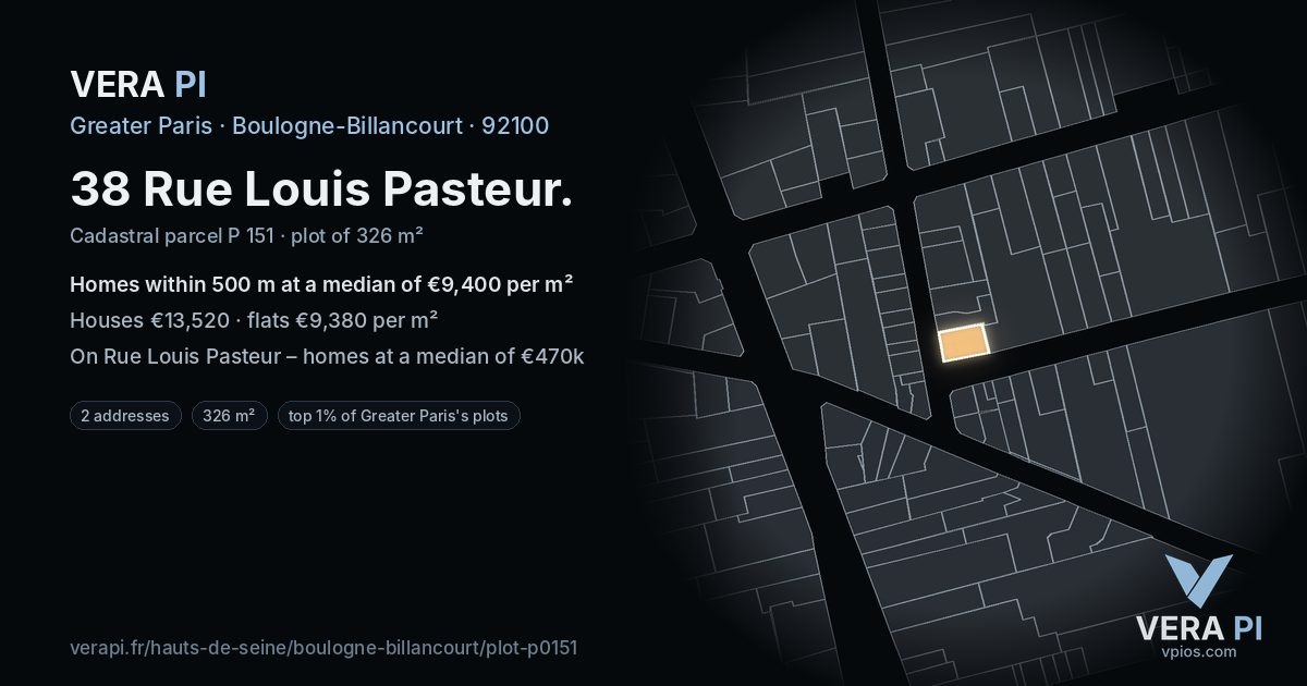 38 Rue Louis Pasteur, Boulogne-Billancourt at night – the plot lit, the parcels around coloured by the prices near them