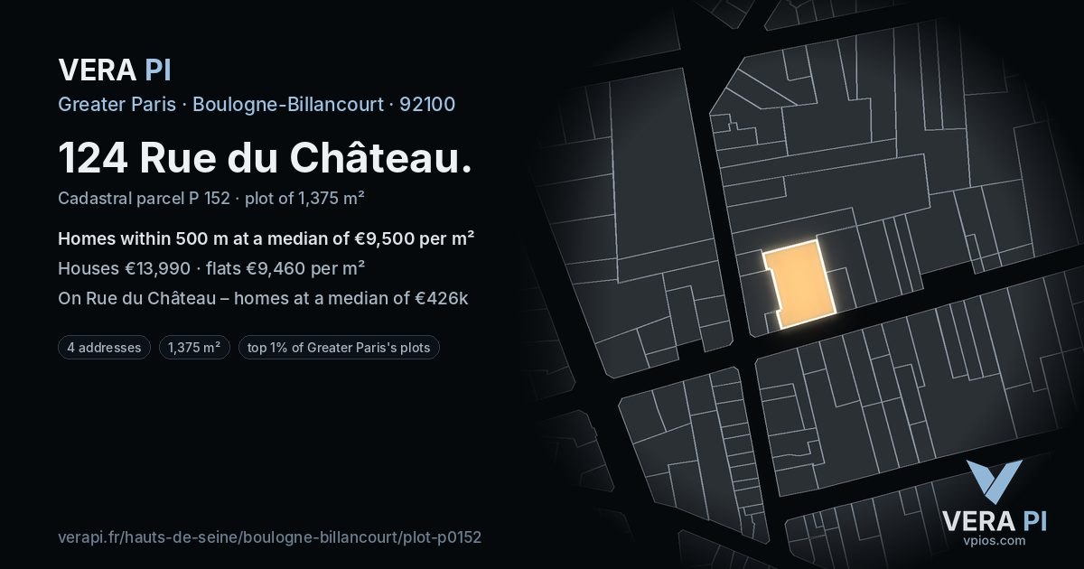 124 Rue du Château, Boulogne-Billancourt at night – the plot lit, the parcels around coloured by the prices near them