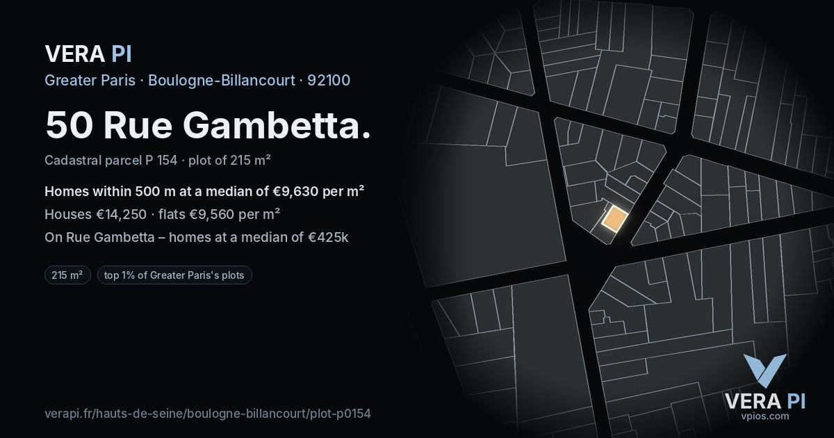 50 Rue Gambetta, Boulogne-Billancourt at night – the plot lit, the parcels around coloured by the prices near them