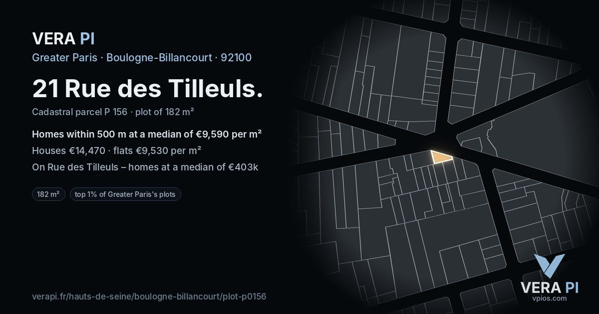 21 Rue des Tilleuls, Boulogne-Billancourt at night – the plot lit, the parcels around coloured by the prices near them