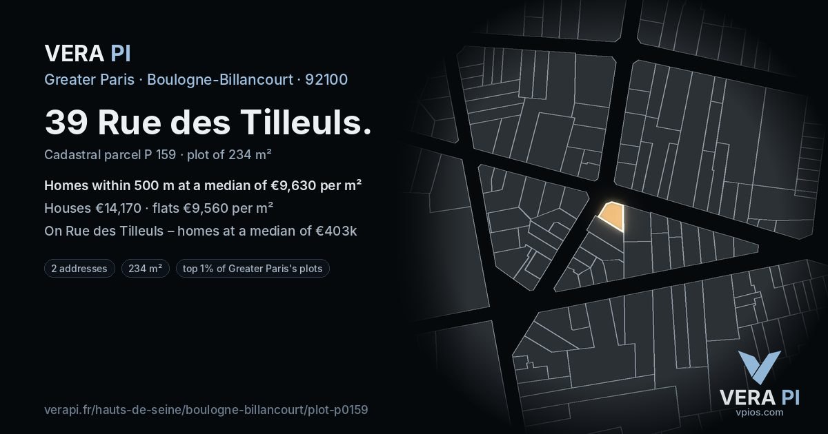 39 Rue des Tilleuls, Boulogne-Billancourt at night – the plot lit, the parcels around coloured by the prices near them