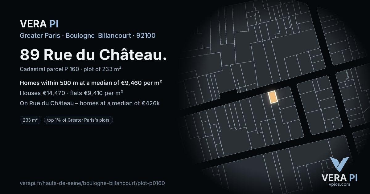 89 Rue du Château, Boulogne-Billancourt at night – the plot lit, the parcels around coloured by the prices near them